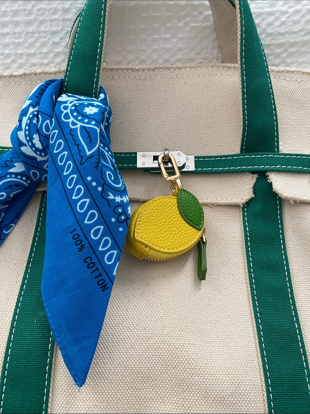 Large Sunwin Boatkin Cream/Green Canvas Tote Bag with Bandana Scarf+Bag Charm